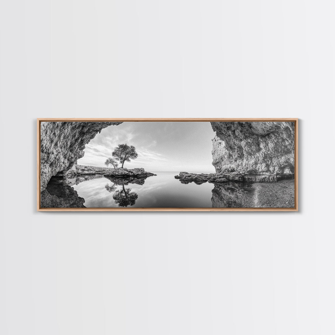 Coastal Cave, Reflection Landscape, Nature Calm, Framed Canvas Print, minimalist ocean wall decor, tranquil tree photography, zen entryway art