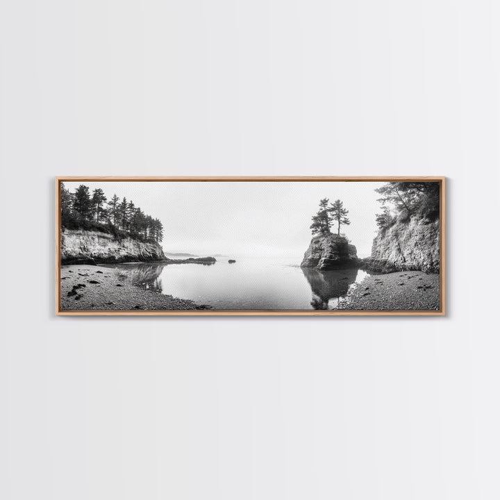 Forest Cove, Serene Shoreline, Calm Reflections, Canvas Print, peaceful nature wall art, neutral tones decor, minimalist bathroom artwork