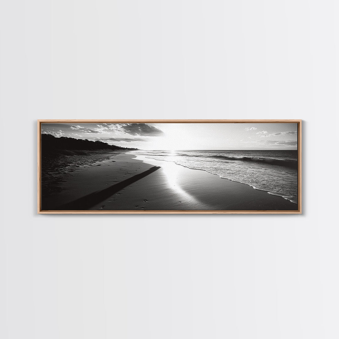 Beach Horizon, Sunset Shoreline, Ocean Reflections, Framed Canvas Print, black and white coastal art, modern bedroom wall decor