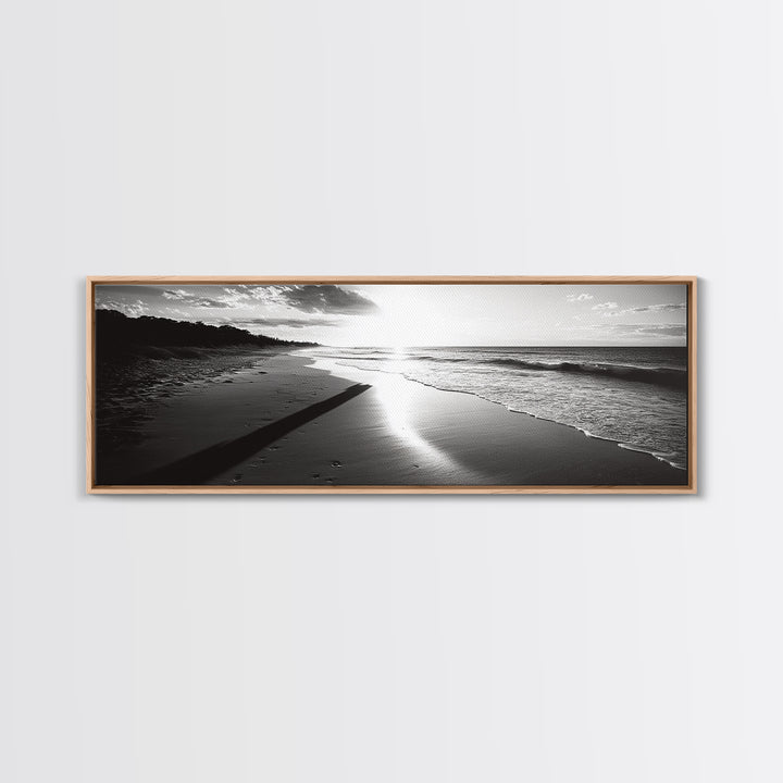 Beach Horizon, Sunset Shoreline, Ocean Reflections, Framed Canvas Print, black and white coastal art, modern bedroom wall decor