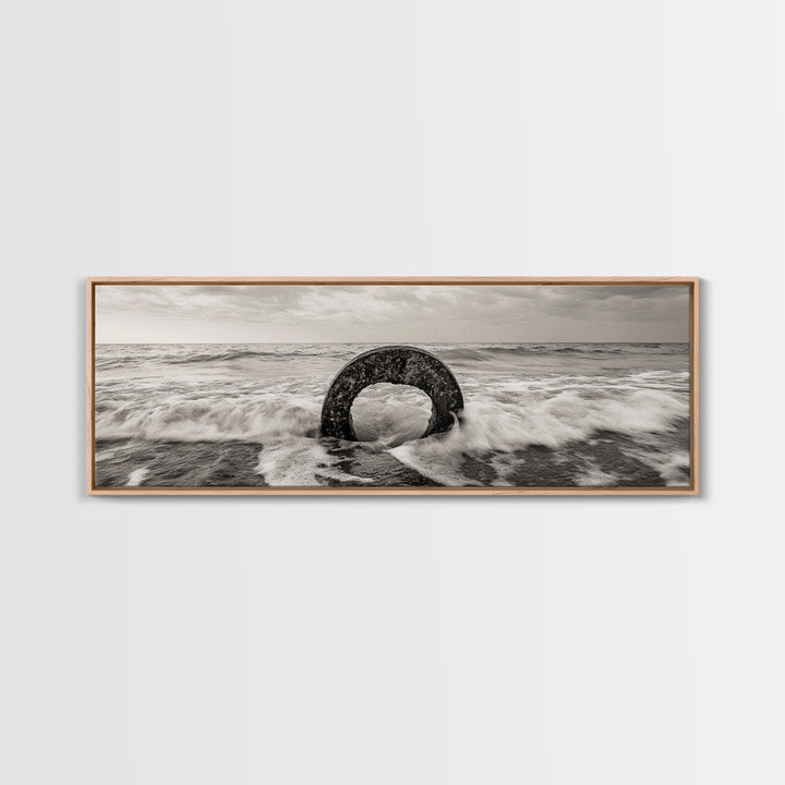 Ocean Ring, Waves Crashing, Sea Sculpture, Framed Canvas Print, unique beach photography, industrial coastal wall art, modern bathroom decor