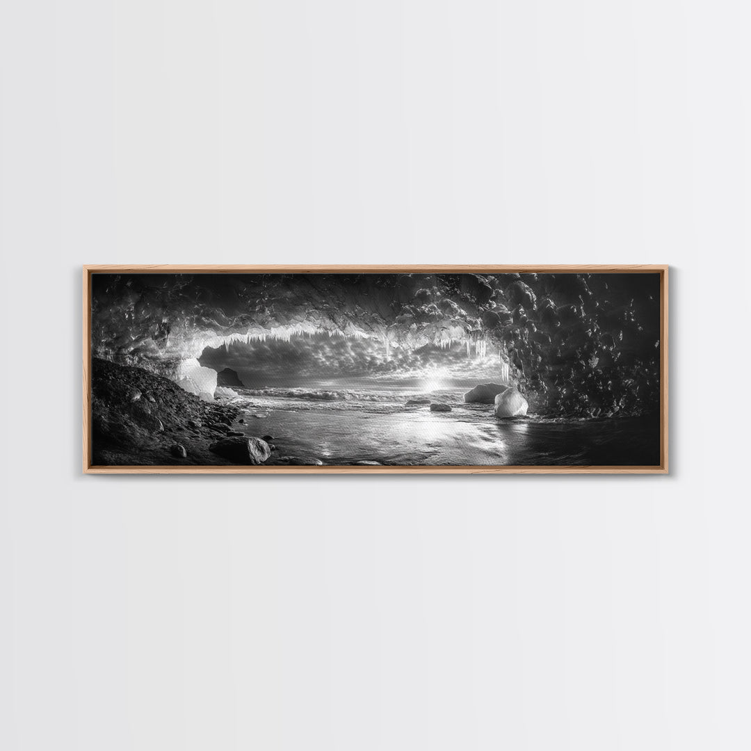Ice Cave, Winter Seascape, Arctic Sunset, Canvas Print, dramatic frozen landscape art, black and white Christmas decor, cozy winter home art