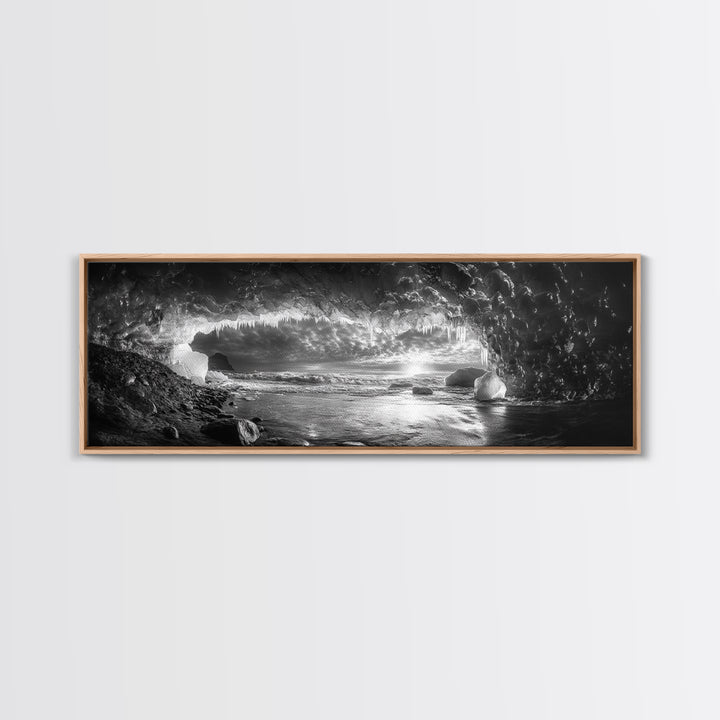 Ice Cave, Winter Seascape, Arctic Sunset, Canvas Print, dramatic frozen landscape art, black and white Christmas decor, cozy winter home art