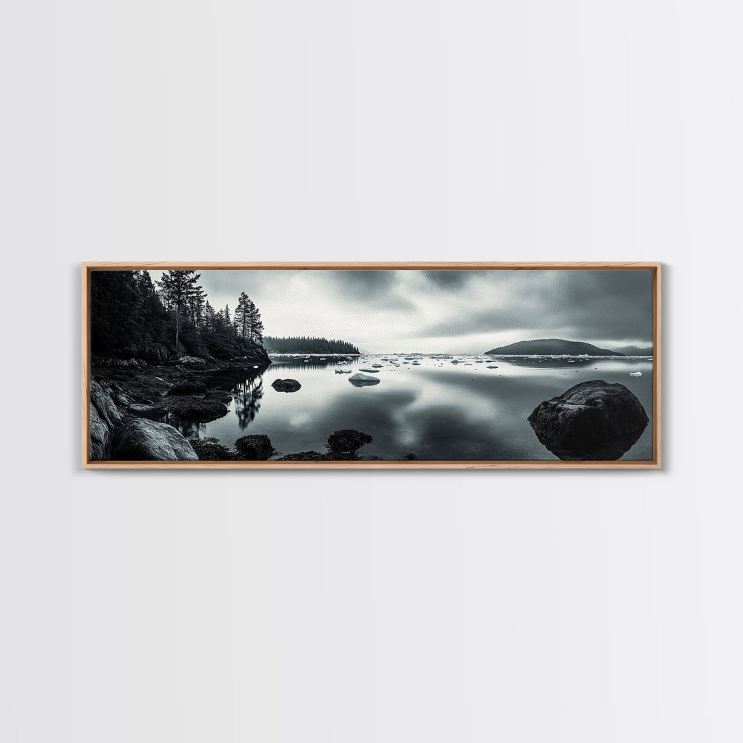 Arctic Shore, Ice Reflections, Northern Coastline, Framed Canvas Print, Moody ocean art, Coastal decor, Living room wall art, Monochrome nature
