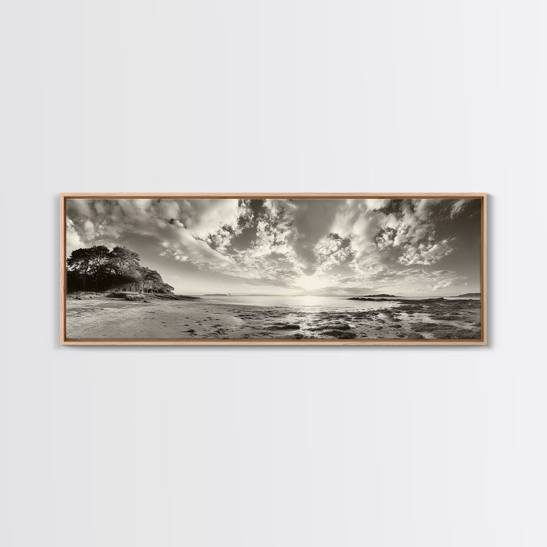 Coastal Sunrise, Expansive Sky, Cloudy Horizon, Framed Canvas Print, Earthy tone art, Beach house decor, Bedroom wall print, Serene landscape
