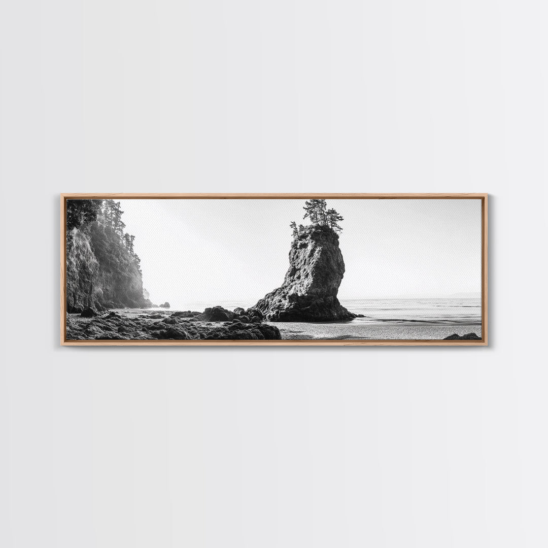 Sea Stack, Rugged Coast, Ocean Cliffside, Framed Canvas Print, Coastal landscape, Nature photography, Office wall art, Monochrome design