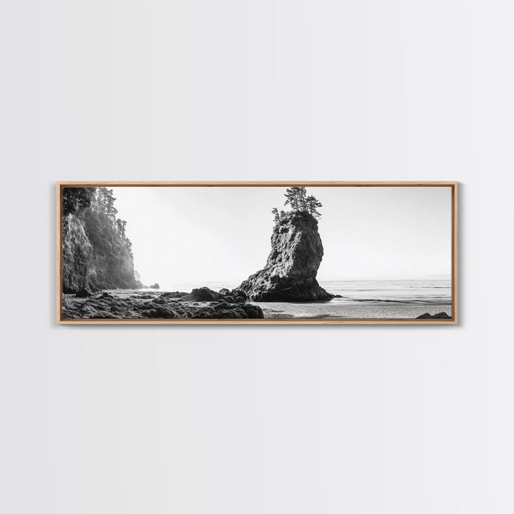 Sea Stack, Rugged Coast, Ocean Cliffside, Framed Canvas Print, Coastal landscape, Nature photography, Office wall art, Monochrome design