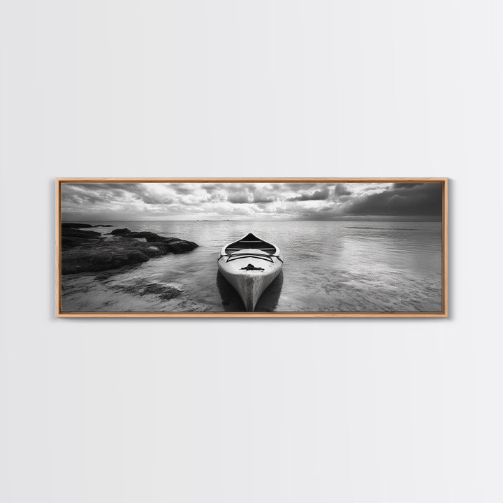 Canoe at Shore, Calm Waters, Peaceful Escape, Framed Canvas Print, Adventure art, Lakehouse decor, Hallway wall piece, Monochrome nature