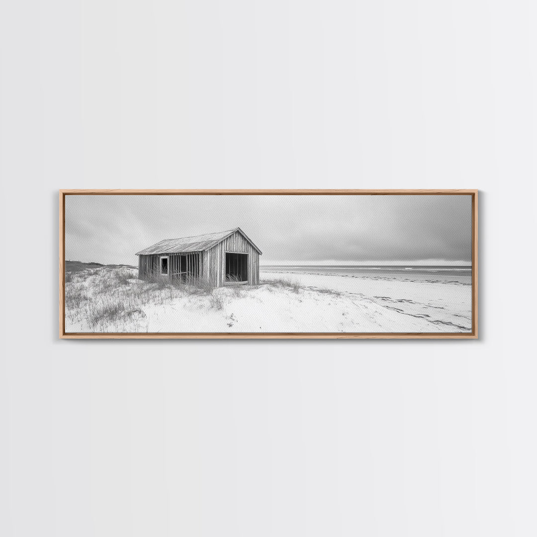 Abandoned Shack, Coastal Ruin, Weathered Barn, Ocean Horizon, Framed Canvas Print, Rustic Wall Art, Fall Decor, Minimal Seaside Aesthetic