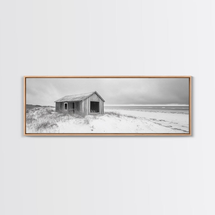 Abandoned Shack, Coastal Ruin, Weathered Barn, Ocean Horizon, Framed Canvas Print, Rustic Wall Art, Fall Decor, Minimal Seaside Aesthetic