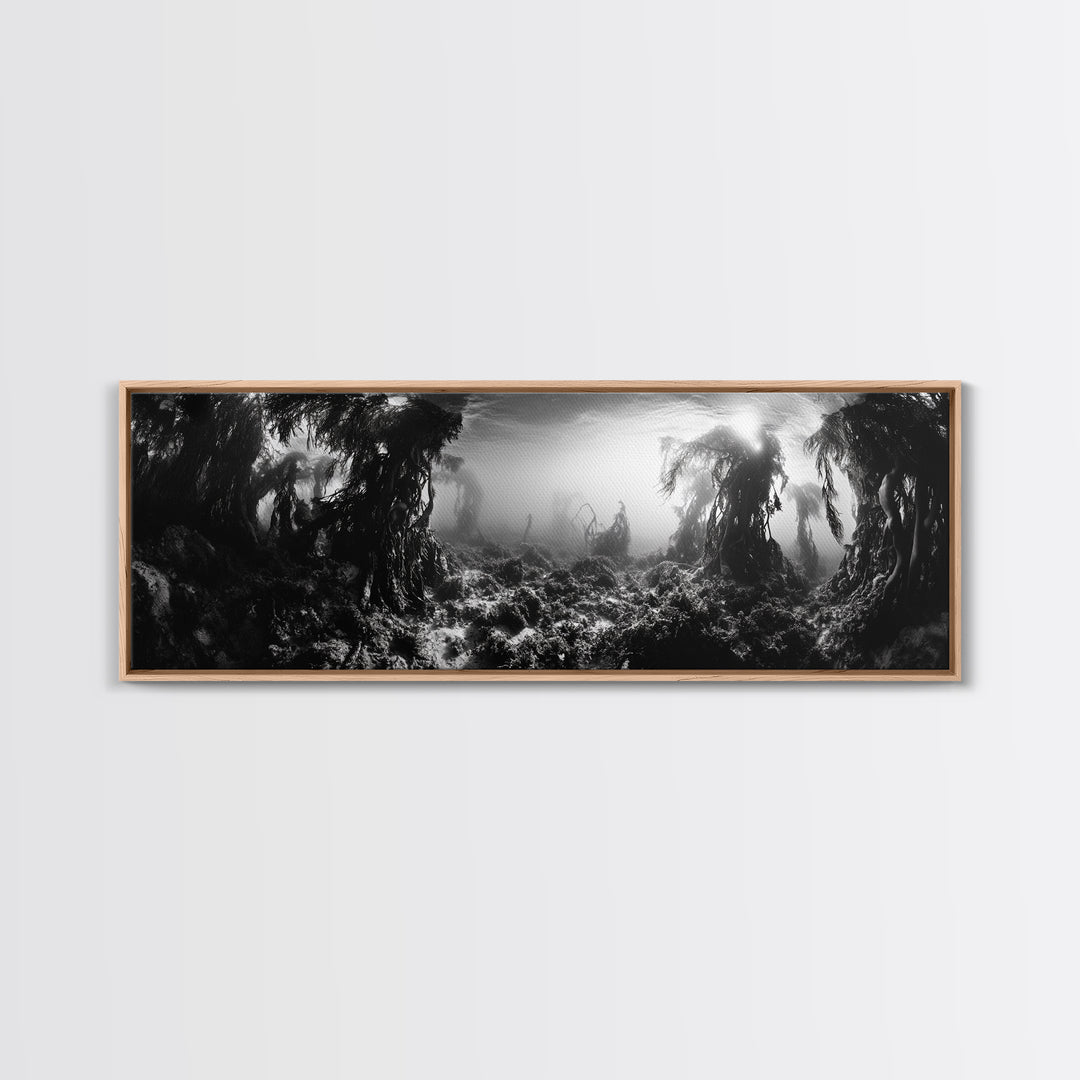 Kelp Forest, Underwater Magic, Ocean Depths, Framed Canvas Print, Marine nature photography, Bathroom wall decor, Moody coastal aesthetic