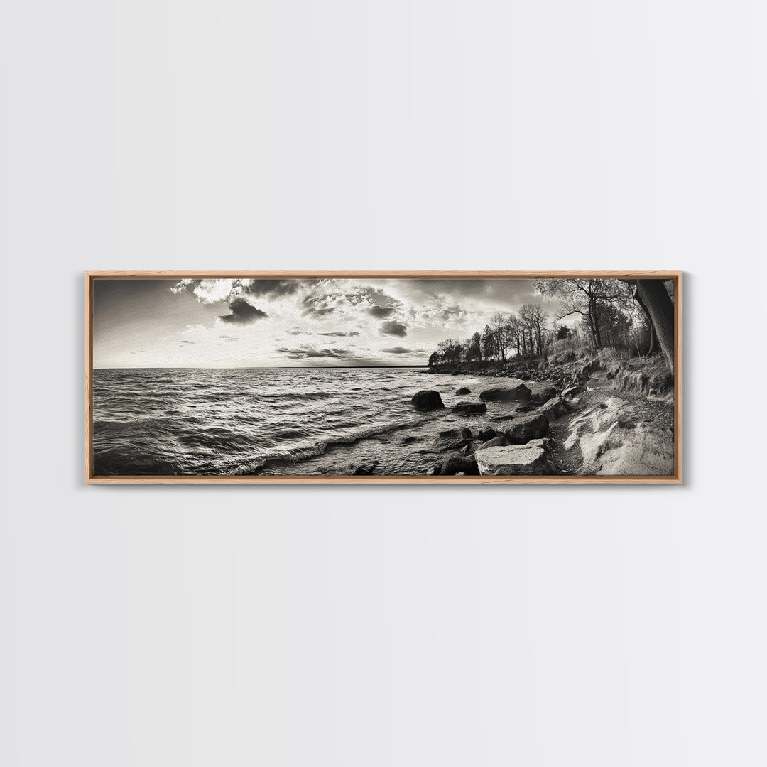 Coastal Shoreline, Autumn Landscape, Nature Photography, Framed Canvas Print, Rustic Decor, Lake House Art, Fall Wall Art, Neutral Tones