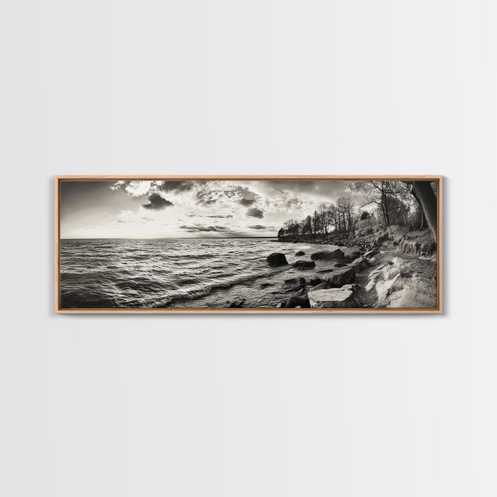 Coastal Shoreline, Autumn Landscape, Nature Photography, Framed Canvas Print, Rustic Decor, Lake House Art, Fall Wall Art, Neutral Tones