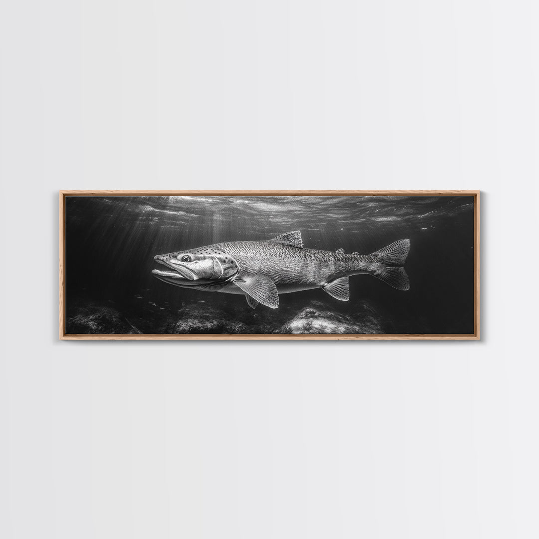 Underwater Fish, Lake Trout, Black and White Ocean, Framed Canvas Print, Coastal Bathroom Art, Fisherman Gift, Nautical Wall Decor