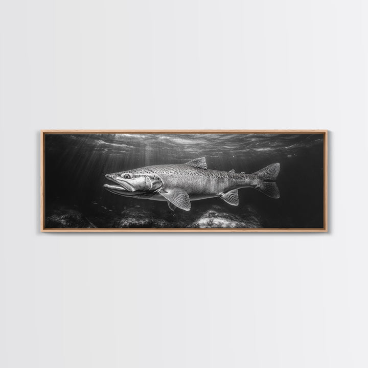 Underwater Fish, Lake Trout, Black and White Ocean, Framed Canvas Print, Coastal Bathroom Art, Fisherman Gift, Nautical Wall Decor