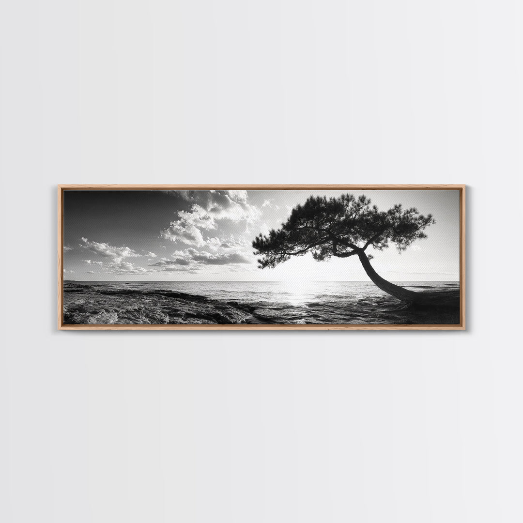 Lone Tree, Coastal Sunset, Ocean Horizon, Framed Canvas Print, Tranquil Landscape Art, Meditation Room Wall Art, Nature Zen Decor