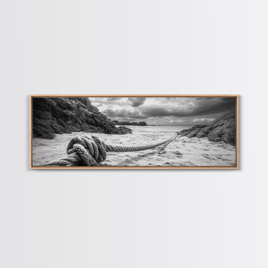 Nautical Rope Shore, Moody Ocean Rocks, Coastal Minimalist, Framed Canvas Print, Entryway Wall Art, Rustic Nautical Decor, Lakehouse Wall Art