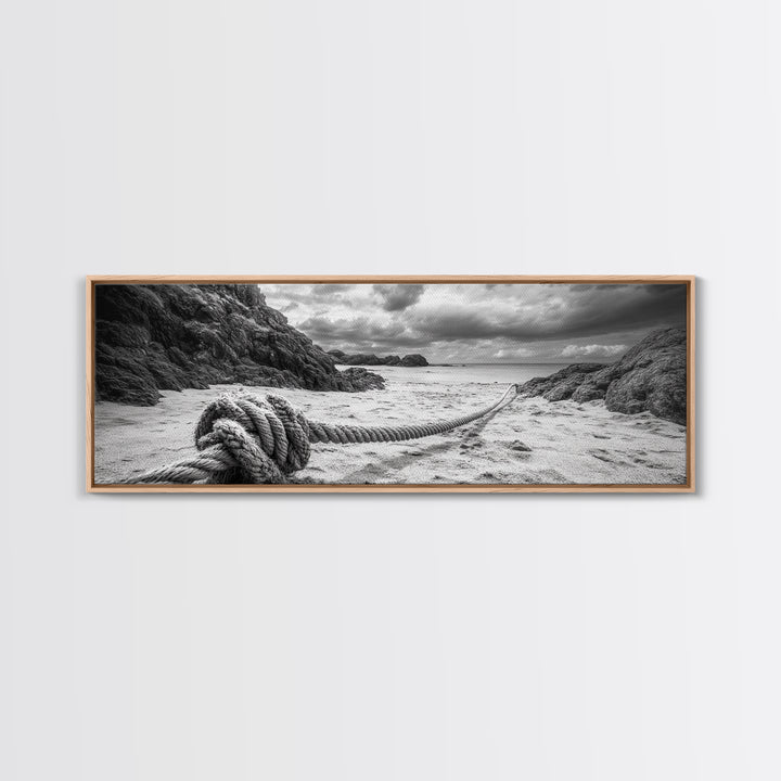 Nautical Rope Shore, Moody Ocean Rocks, Coastal Minimalist, Framed Canvas Print, Entryway Wall Art, Rustic Nautical Decor, Lakehouse Wall Art