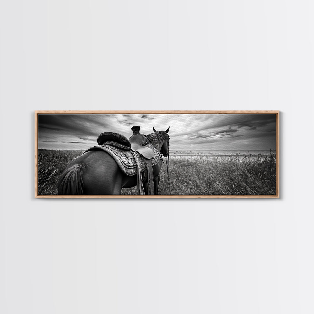 Western Horse Beach, Saddle Detail Horizon, Equestrian Art, Framed Canvas Print, Farmhouse Wall Art, Cowboy Country Decor
