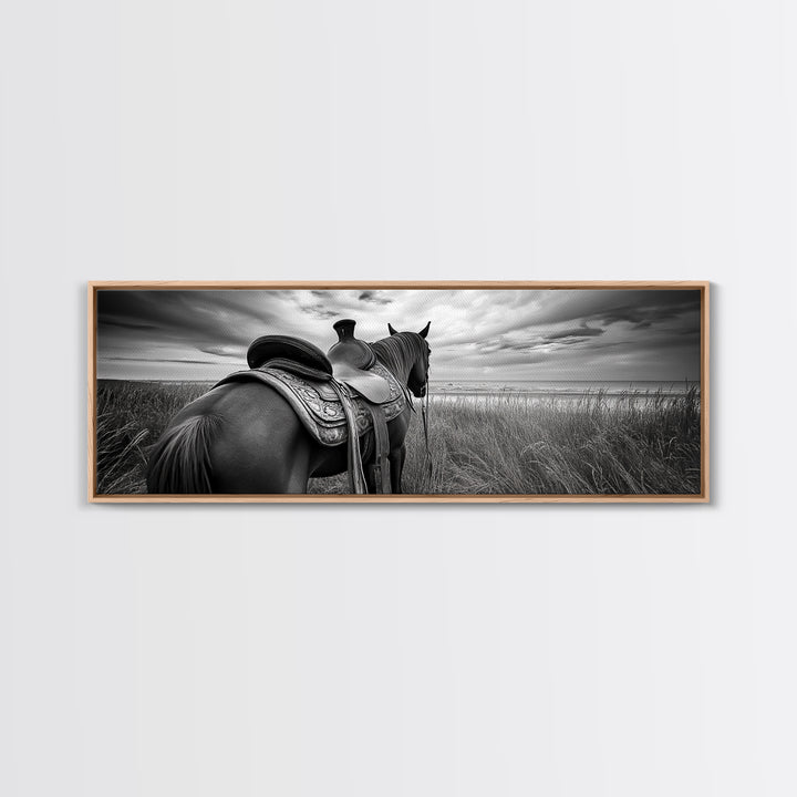 Western Horse Beach, Saddle Detail Horizon, Equestrian Art, Framed Canvas Print, Farmhouse Wall Art, Cowboy Country Decor