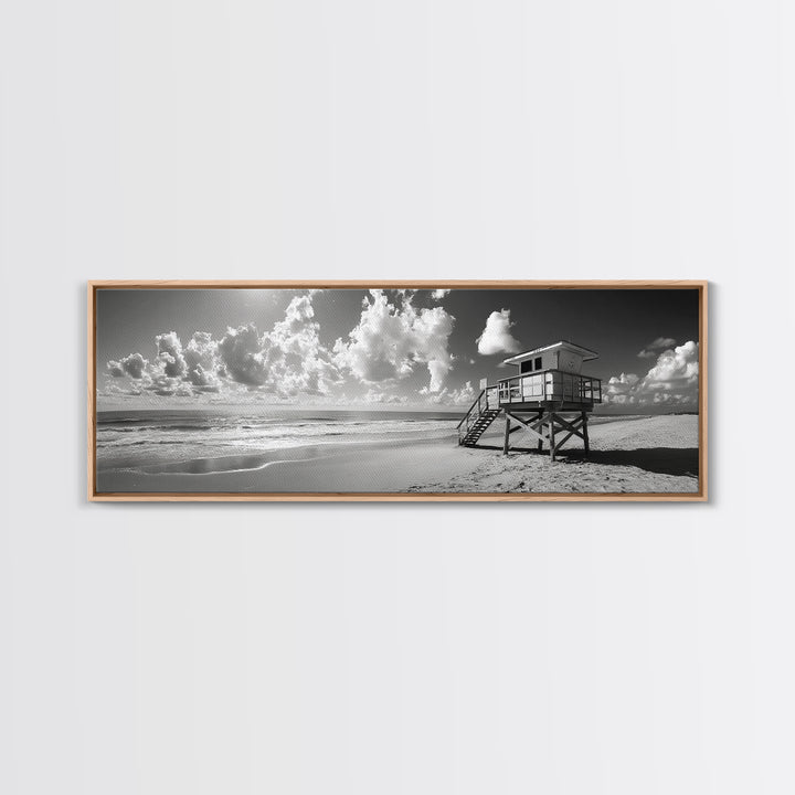Lifeguard Tower Sky, Beach Scene Clouds, Surfside Minimalism, Framed Canvas Print, Bathroom Wall Art, Modern Coastal Decor