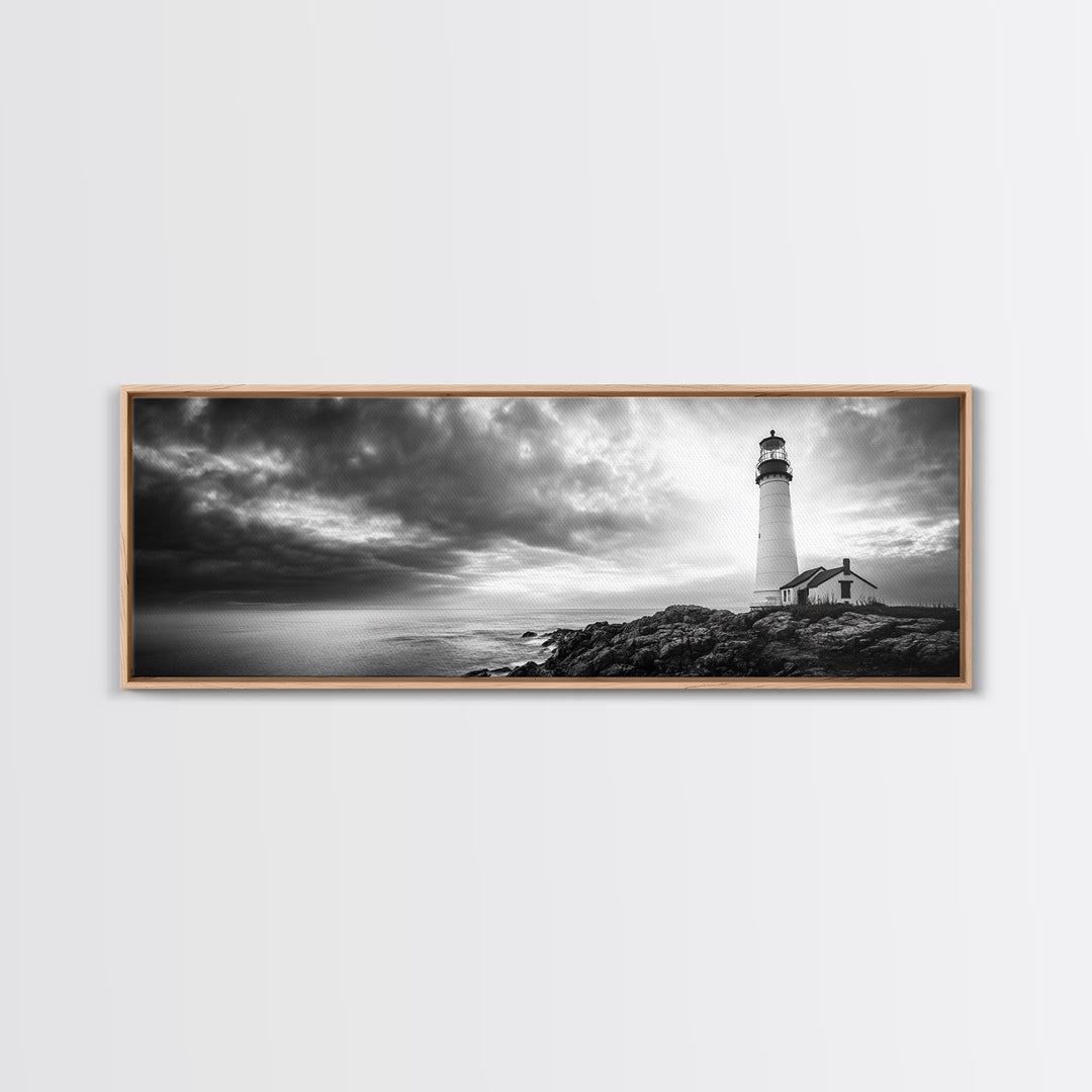 Dramatic Lighthouse Coast, Ocean Storm Horizon, Coastal Adventure, Framed Canvas Print, Living Room Wall Art, Nautical Fall Decor