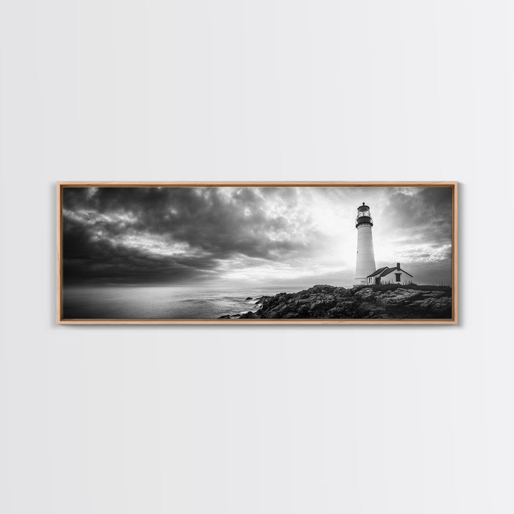 Dramatic Lighthouse Coast, Ocean Storm Horizon, Coastal Adventure, Framed Canvas Print, Living Room Wall Art, Nautical Fall Decor