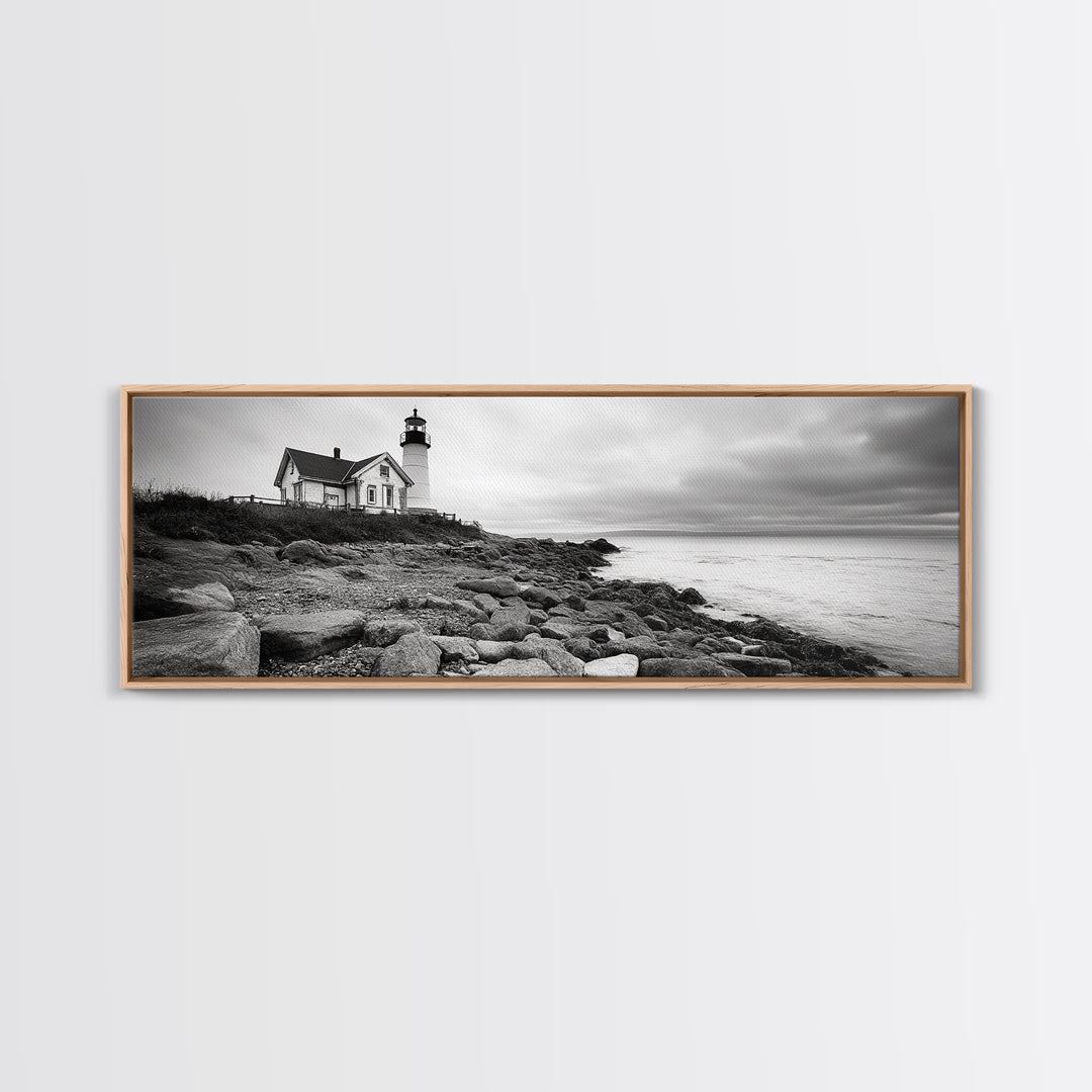 Classic Lighthouse Shore, Rocky Coastline Fog, Seaside Charm, Framed Canvas Print, Office Wall Art, New England Coastal Decor