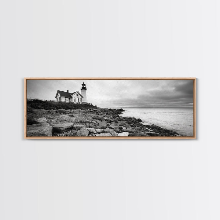 Classic Lighthouse Shore, Rocky Coastline Fog, Seaside Charm, Framed Canvas Print, Office Wall Art, New England Coastal Decor