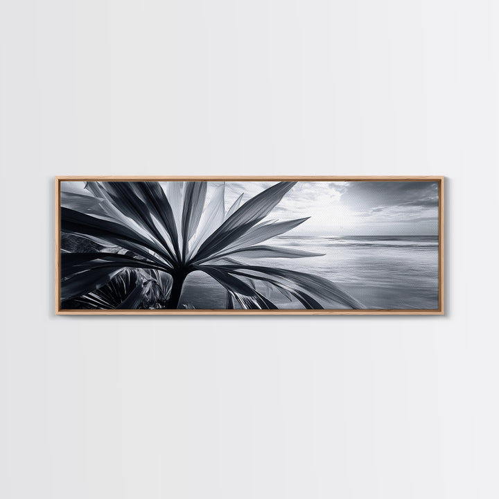 Tropical Leaf Closeup, Ocean Horizon Sunset, Botanical Beach, Framed Canvas Print, Kitchen Wall Art, Coastal Jungle Decor, Rustic Lakehouse Decor