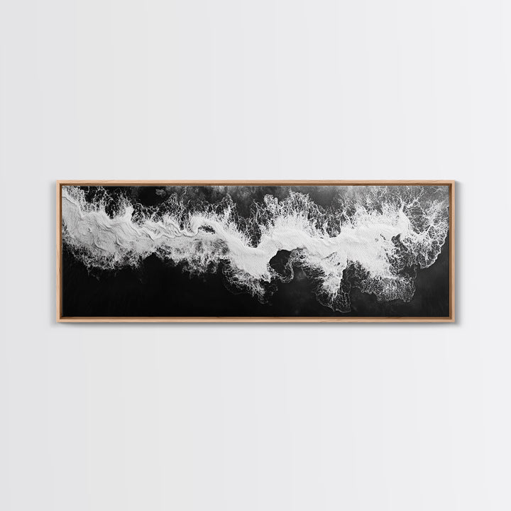Ocean Wave, Aerial Surf, Coastal Abstract, Monochrome Motion, Framed Canvas Print, Modern Bathroom Art, Minimalist Art, Black and White Decor