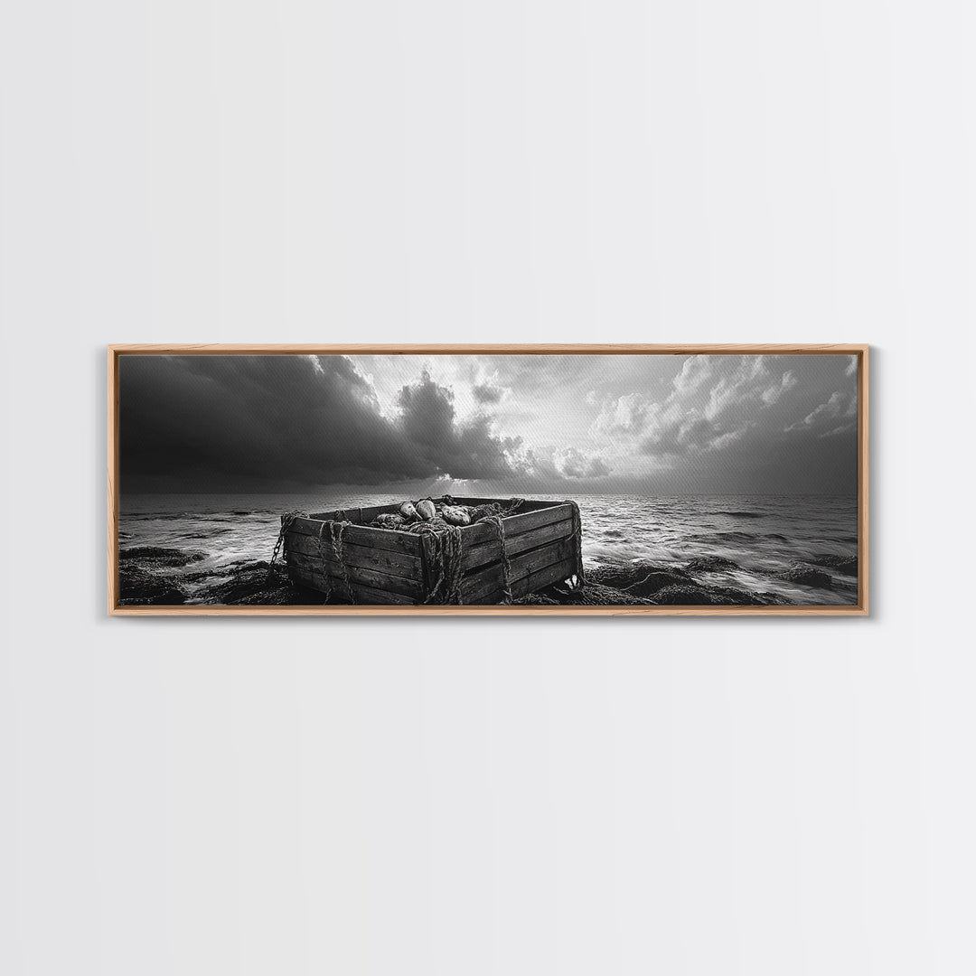 Ocean Harvest, Driftwood Crate, Coastal Mood, Framed Canvas Print, Nautical Wall Decor, Rustic Bathroom Art, Moody Coastal Artwork