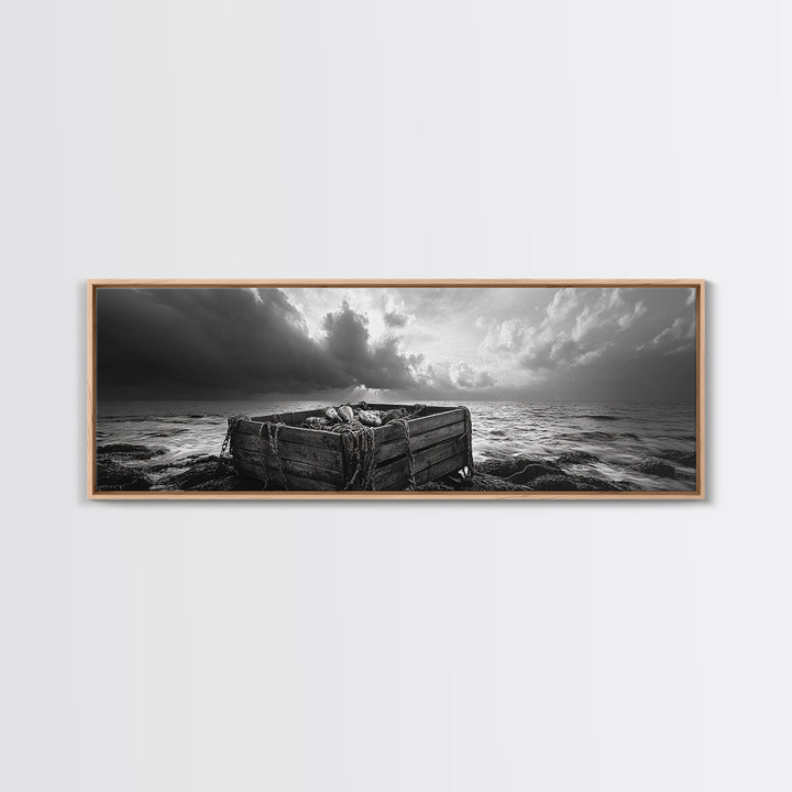 Ocean Harvest, Driftwood Crate, Coastal Mood, Framed Canvas Print, Nautical Wall Decor, Rustic Bathroom Art, Moody Coastal Artwork