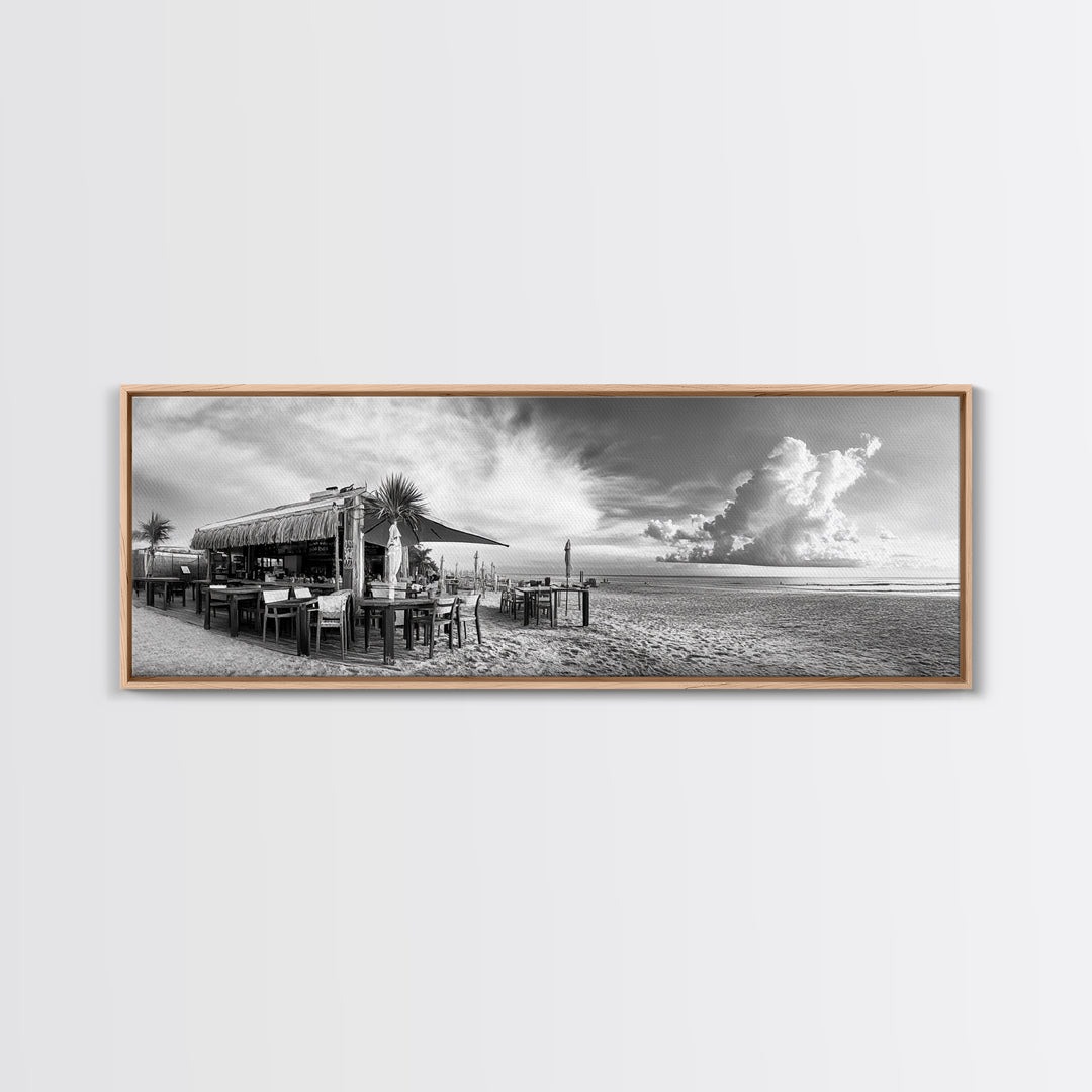 Seaside Bar, Beach Café, Oceanfront Dining, Cloudy Sky, Framed Canvas Print, Kitchen Wall Art, Black and White Tropical Art, Travel Decor