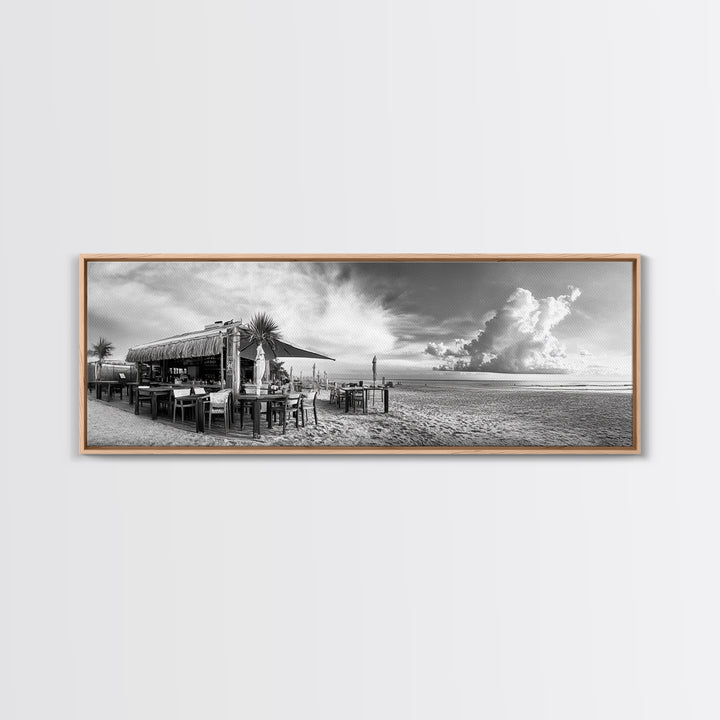 Seaside Bar, Beach Café, Oceanfront Dining, Cloudy Sky, Framed Canvas Print, Kitchen Wall Art, Black and White Tropical Art, Travel Decor