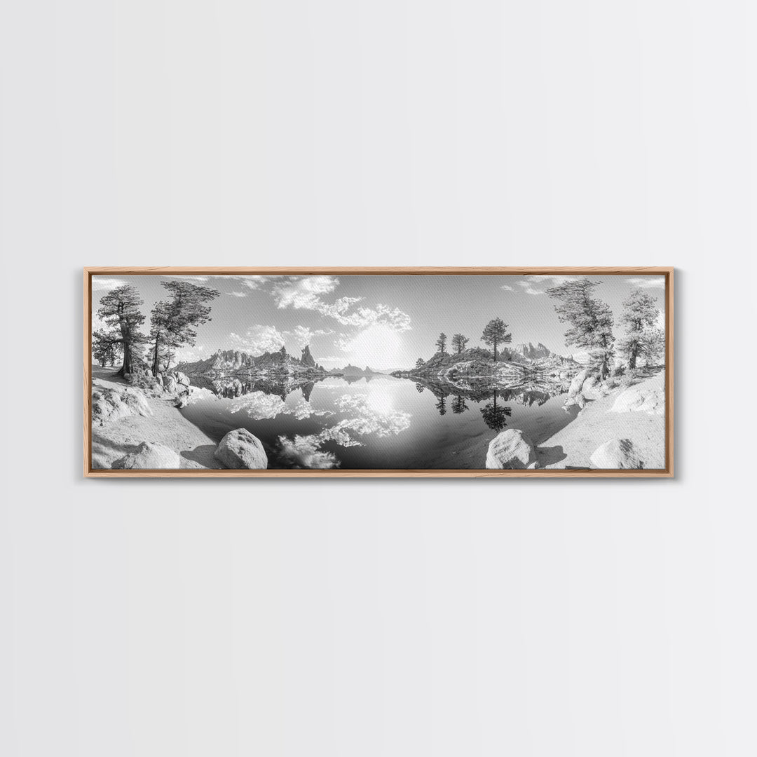 Mountain Reflections, Nature Panorama, Black and White Landscape, Framed Canvas Print, Living Room Wall Art, Modern Wilderness Decor