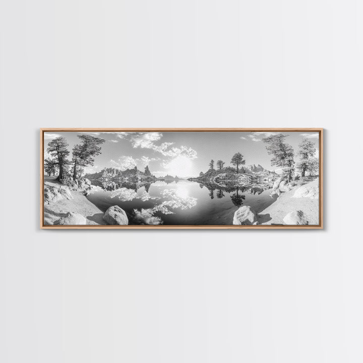 Mountain Reflections, Nature Panorama, Black and White Landscape, Framed Canvas Print, Living Room Wall Art, Modern Wilderness Decor
