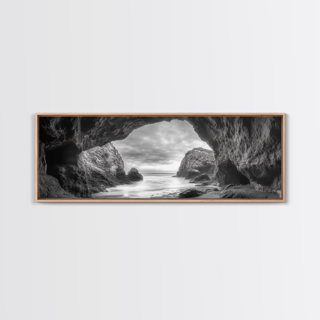 Sea Cave View, Coastal Rock Art, Monochrome Seascape, Framed Canvas Print, Bathroom Wall Art, Nature Photography, Moody Ocean Decor