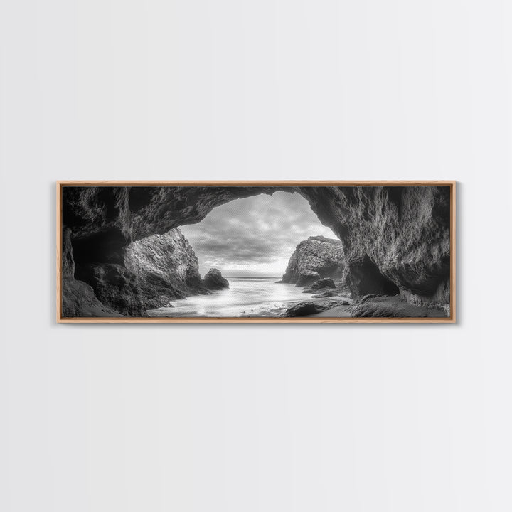 Sea Cave View, Coastal Rock Art, Monochrome Seascape, Framed Canvas Print, Bathroom Wall Art, Nature Photography, Moody Ocean Decor