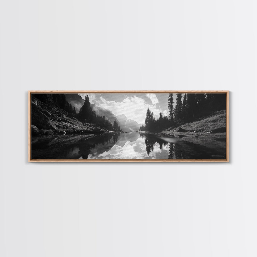 Alpine Lake Scene, Black and White Forest, Serene Mountain Print, Framed Canvas Print, Rustic Wall Art, Cabin Living Room Decor