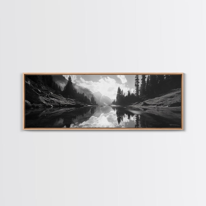 Alpine Lake Scene, Black and White Forest, Serene Mountain Print, Framed Canvas Print, Rustic Wall Art, Cabin Living Room Decor