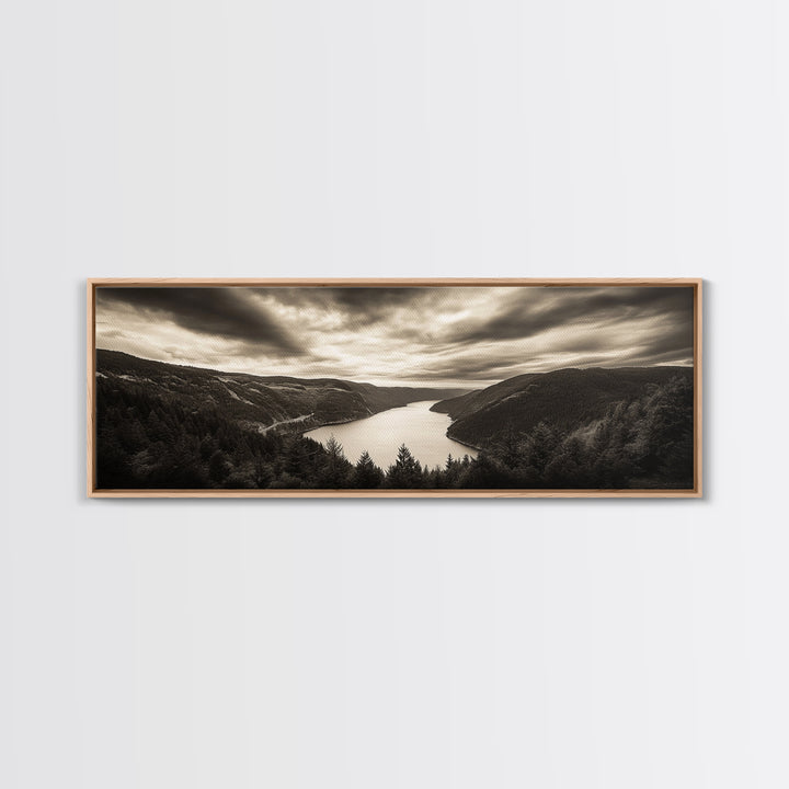 River Valley View, Dramatic Sky, Forest Landscape, Framed Canvas Print, Nature Photography, Entryway Wall Art, Moody Earth Tones