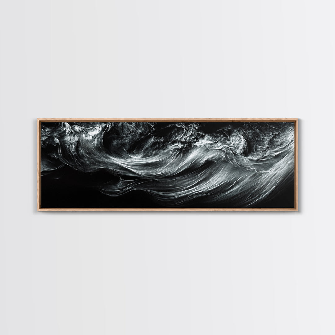 Abstract Ocean Waves, Motion Energy Art, Black and White Fluid Lines, Framed Canvas Print, Modern Wall Art, Minimalist Living Room