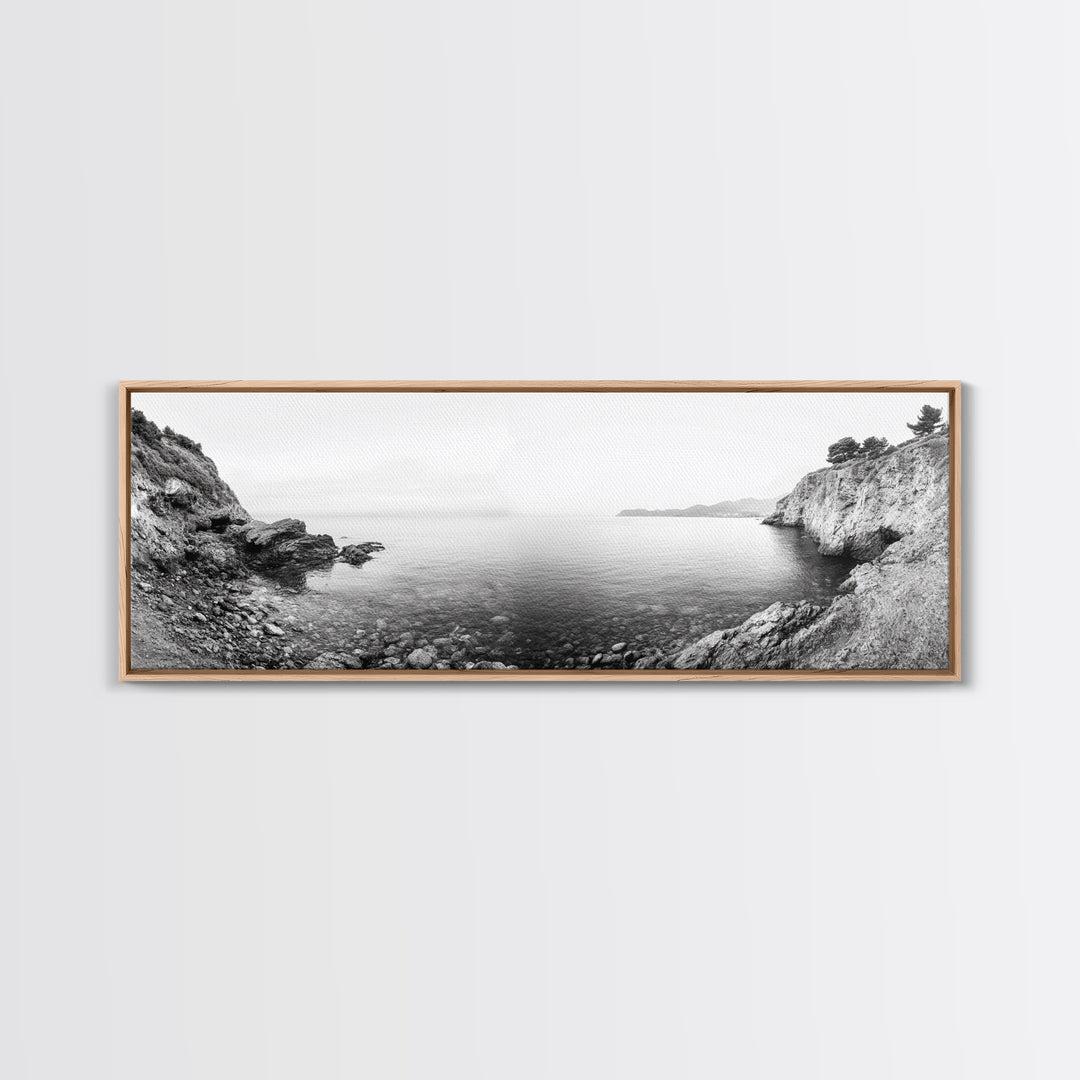 Rocky Coastline, Minimalist Seascape, Black and White Shoreline, Framed Canvas Print, Coastal Wall Art, Bathroom or Hallway Decor