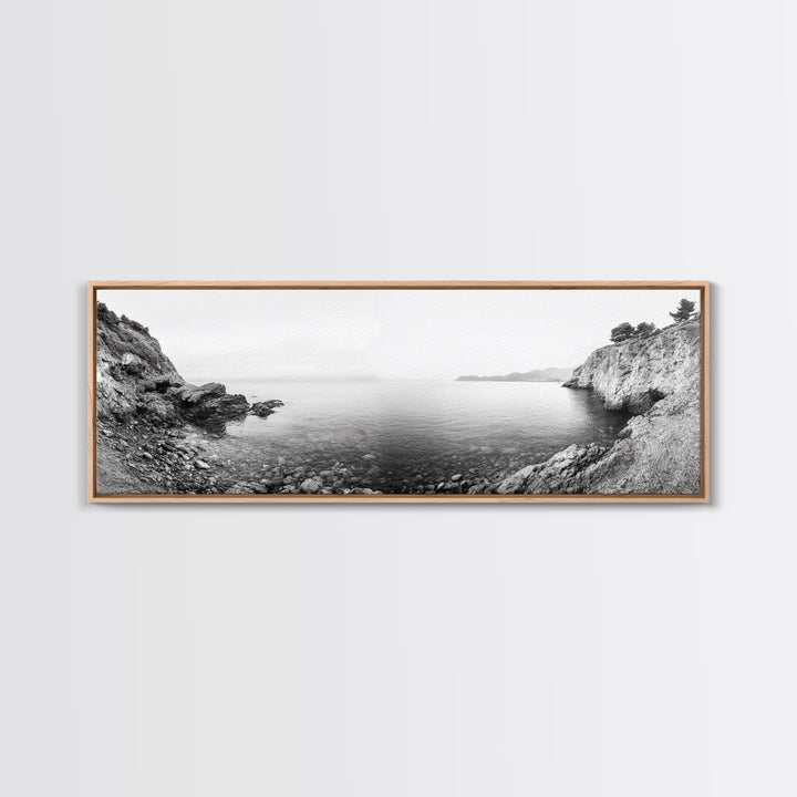 Rocky Coastline, Minimalist Seascape, Black and White Shoreline, Framed Canvas Print, Coastal Wall Art, Bathroom or Hallway Decor