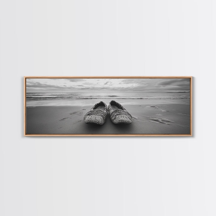Woven Shoes, Coastal Walk, Ocean Breeze, Boho Style, Framed Canvas Print, Entryway Wall Art, Minimalist Beach Art, Seashore Photography