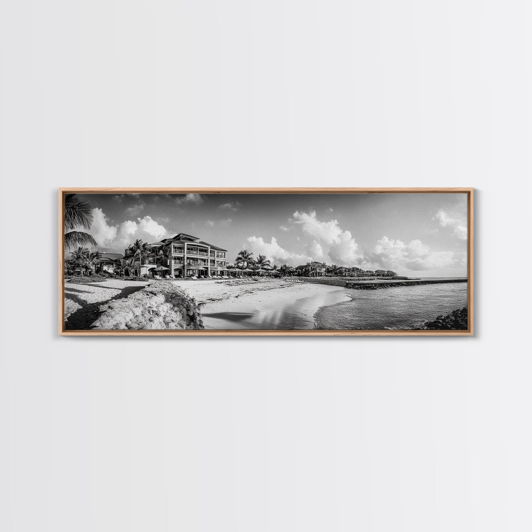 Beach Resort, Tropical Luxury, Oceanfront Hotel Art, Framed Canvas Print, Vacation Vibes, Bedroom Wall Art, Monochrome Decor