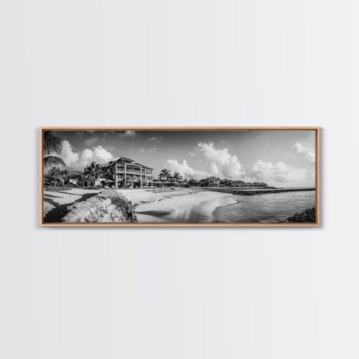 Beach Resort, Tropical Luxury, Oceanfront Hotel Art, Framed Canvas Print, Vacation Vibes, Bedroom Wall Art, Monochrome Decor