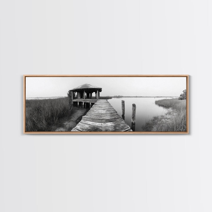 Abandoned Pier, Lakeside Shack, Black and White Marsh, Framed Canvas Print, Rustic Entryway Art, Minimalist Coastal Cabin Decor