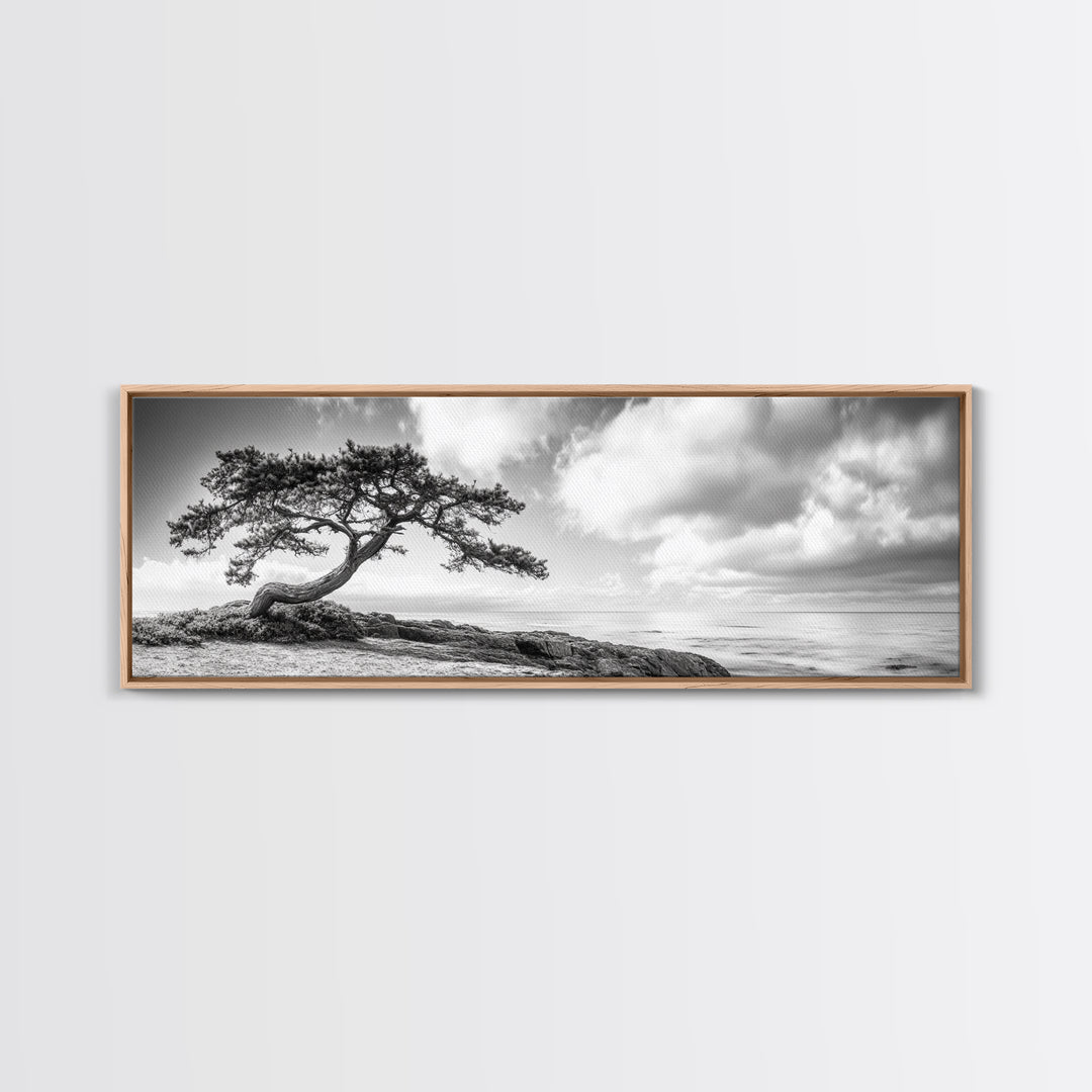 Windswept Tree, Coastal Nature, Ocean Cliff View, Framed Canvas Print, Zen Wall Art, Minimalist Decor, Calm Living Room Accent